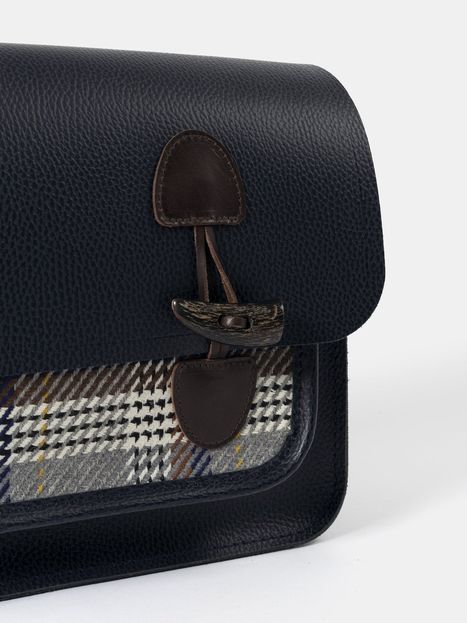 The Messenger - Navy Celtic Grain & Gloverall Tan Check - The Cambridge Satchel Company US Store