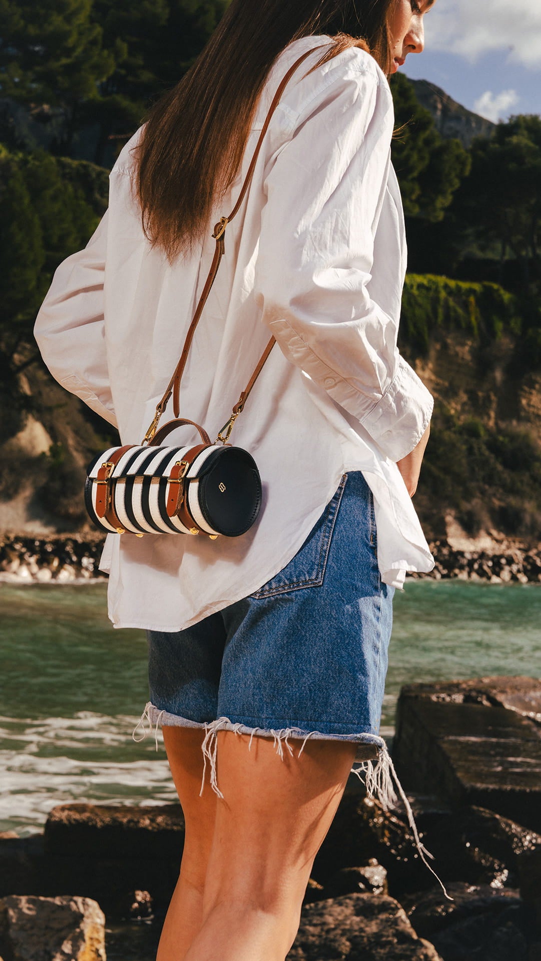 The Micro-Wide Bowls Bag - Navy, White & Brown| Cambridge Satchel