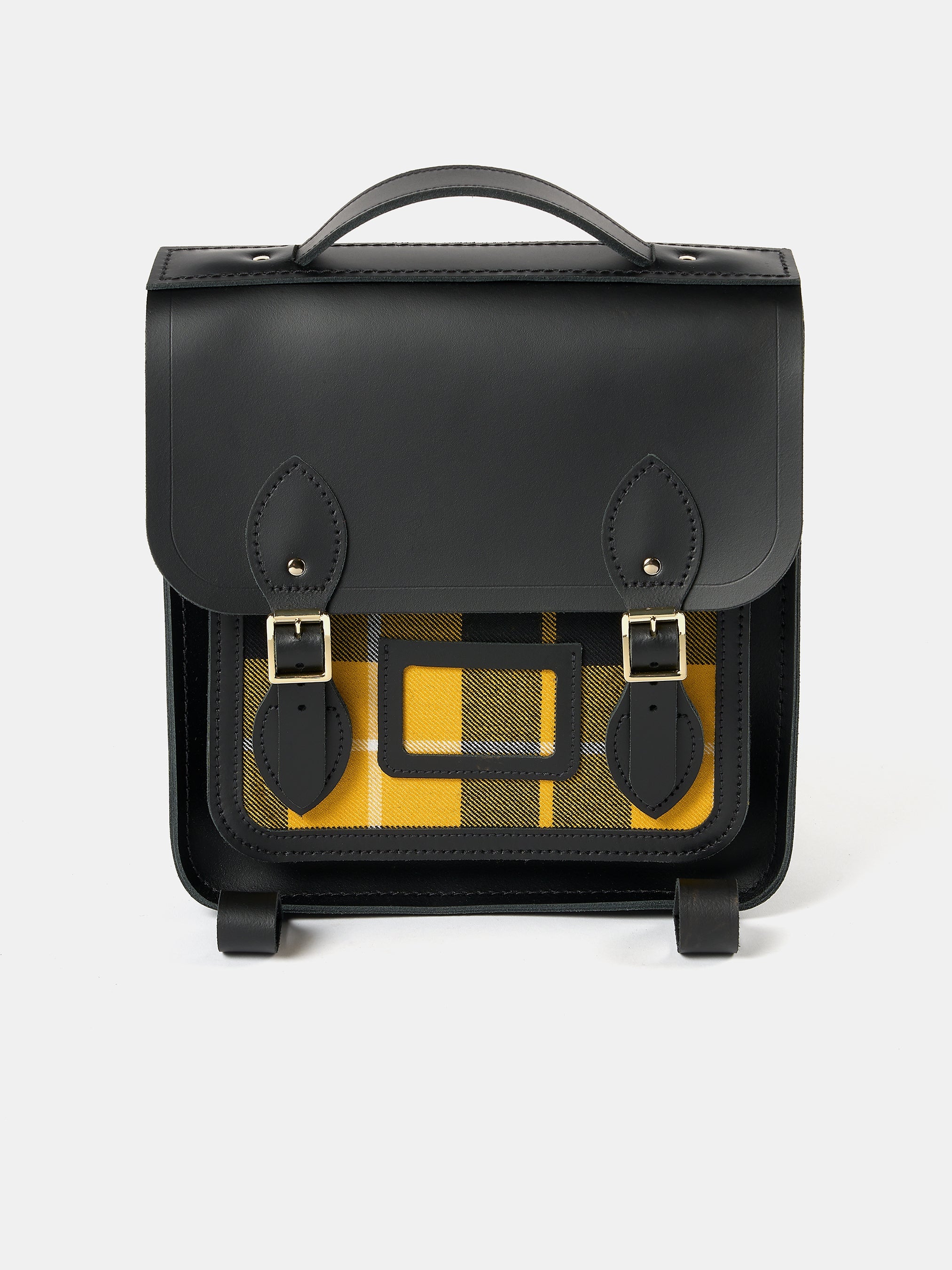 abbeydale black house check canvas and leather backpack Portrait Small Backpack Black & Yellow Tartan | Backpack Satchel Bag | Cambridge Satchel