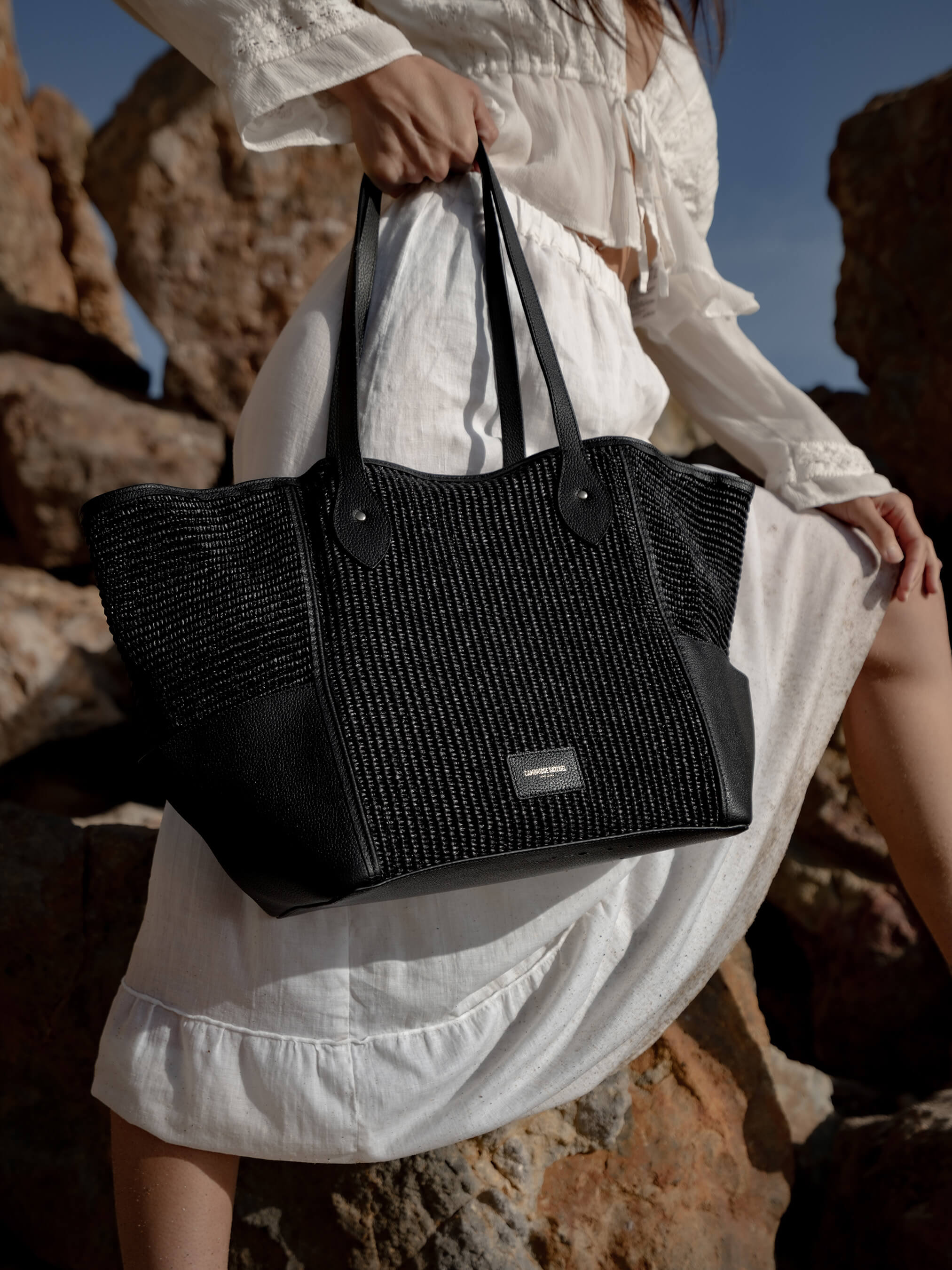The Raffia Tote - Black Raffia & Madras Grain Leather | Cambridge