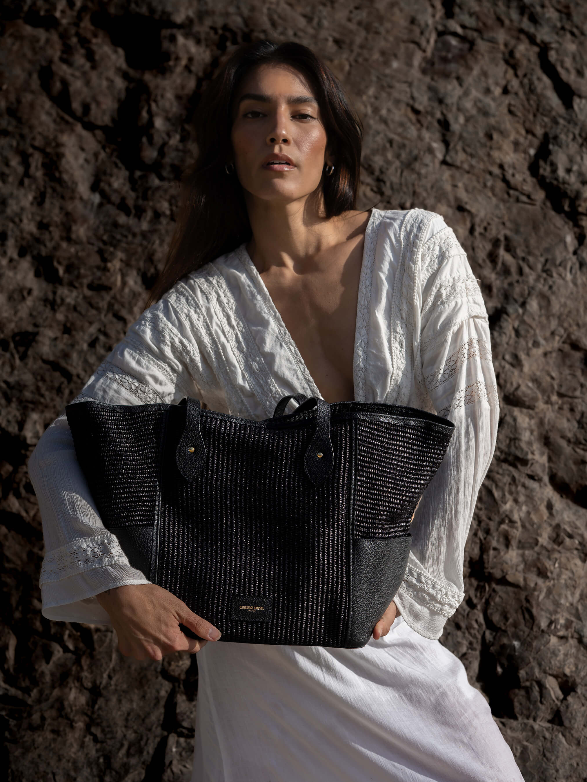 The Raffia Tote - Black Raffia & Madras Grain Leather | Cambridge