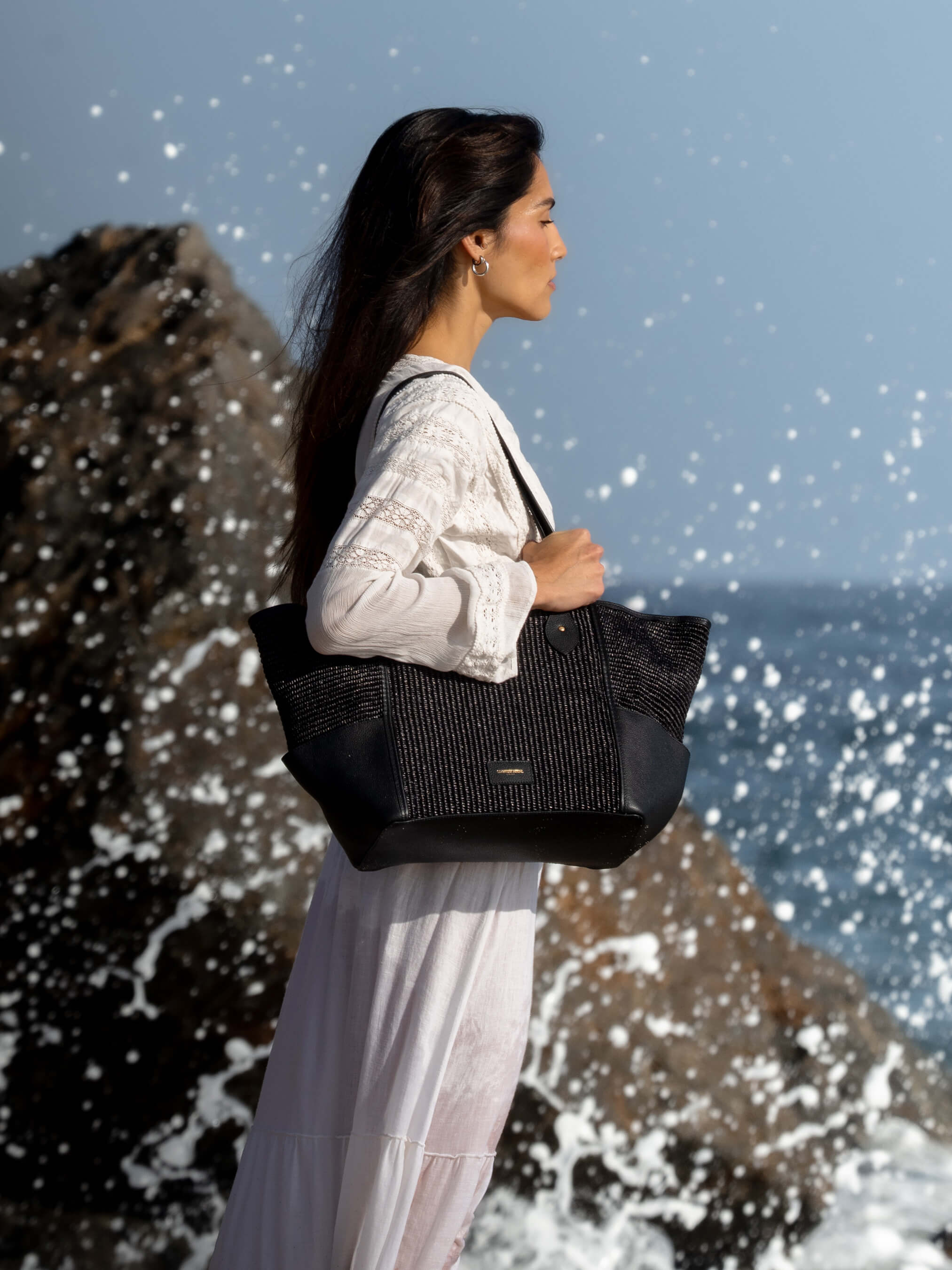 The Raffia Tote - Black Raffia & Madras Grain Leather | Cambridge