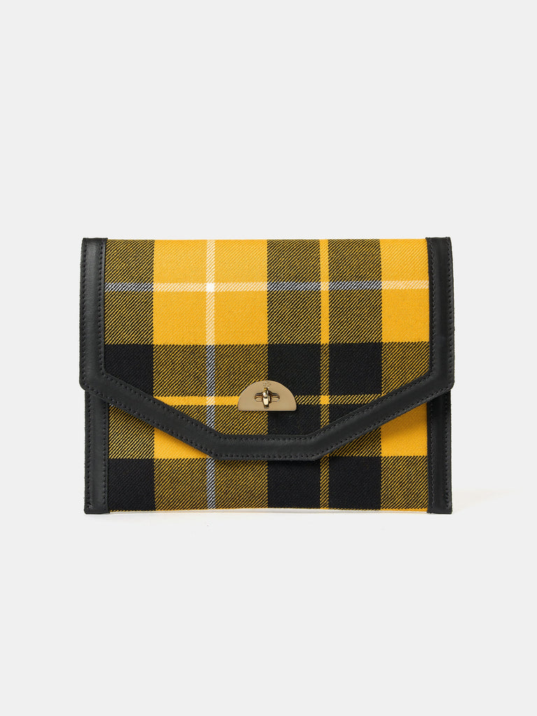 Leather Twist Lock Pouch | Black with Yellow Tartan | Cambridge