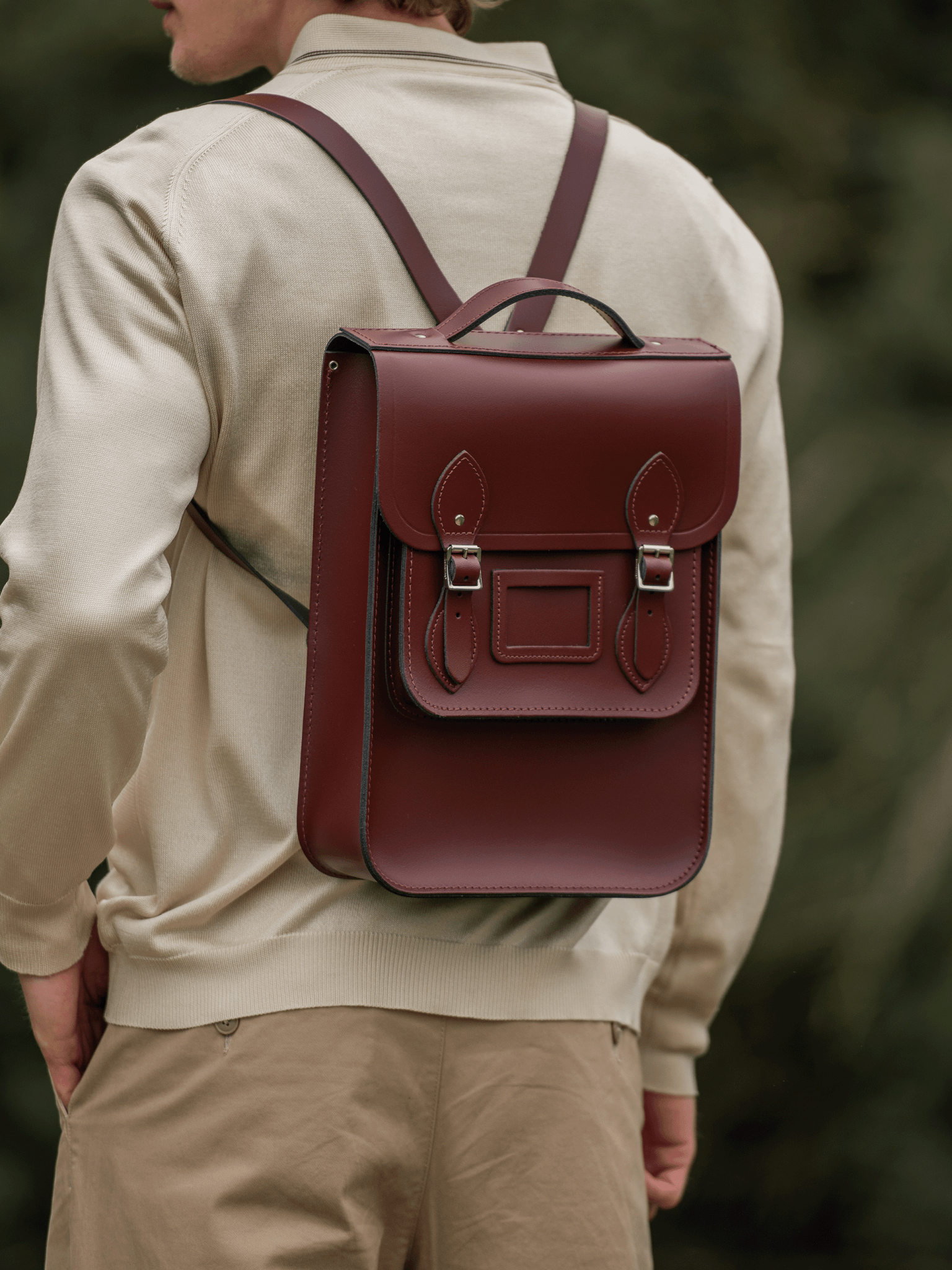 burgundy leather backpack Cambridge Satchel The Portrait Backpack
