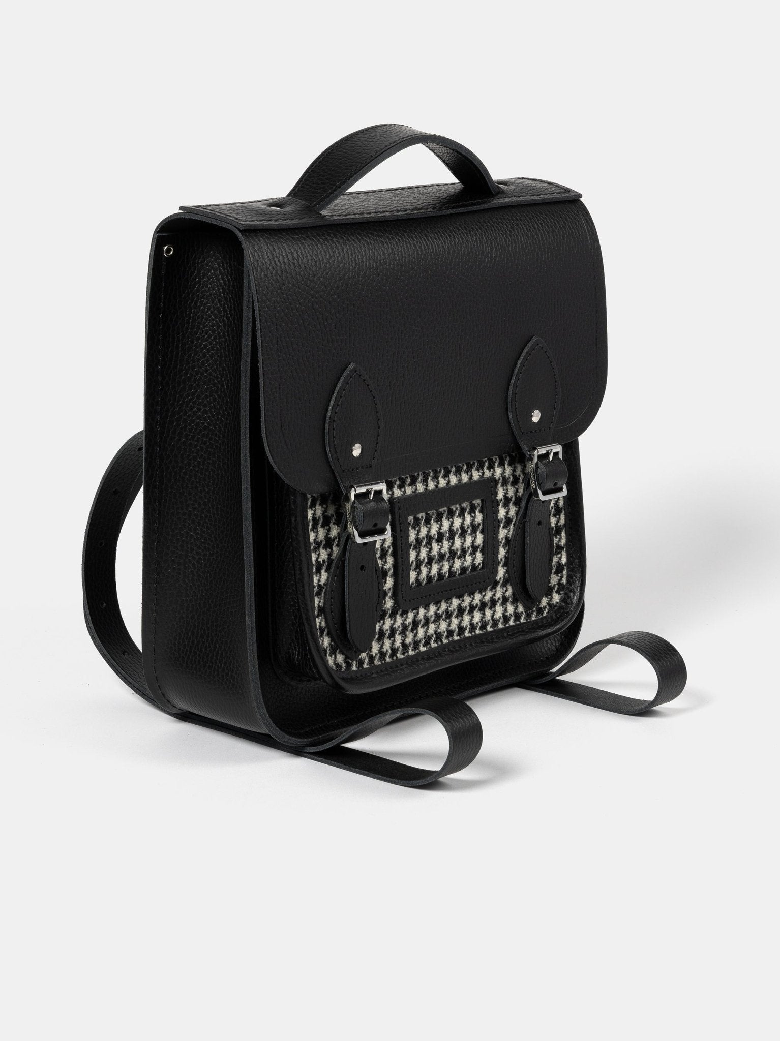 The Small Portrait Backpack - Black Celtic Grain & Harris Tweed® Houndstooth Tartan - Cambridge Satchel US Store
