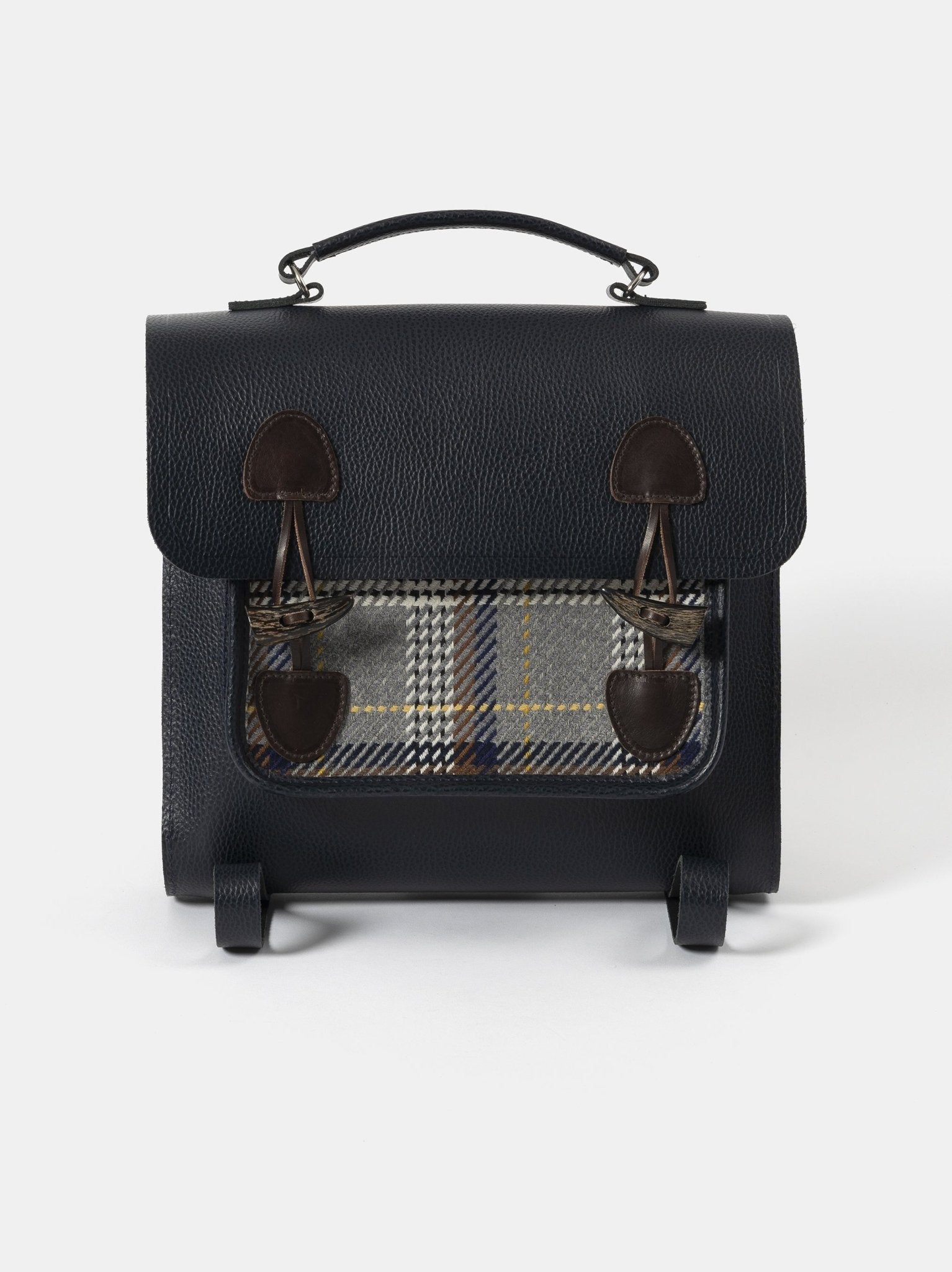 The Messenger Backpack - Navy Celtic Grain & Gloverall Tan Check - The Cambridge Satchel Company US Store